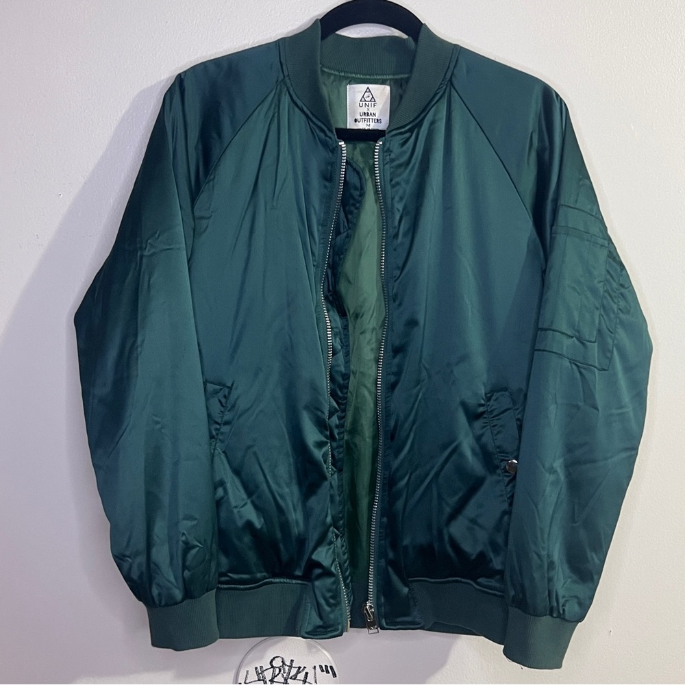 unif x urban outfitters emerald forest green satin bomber jacket size medium